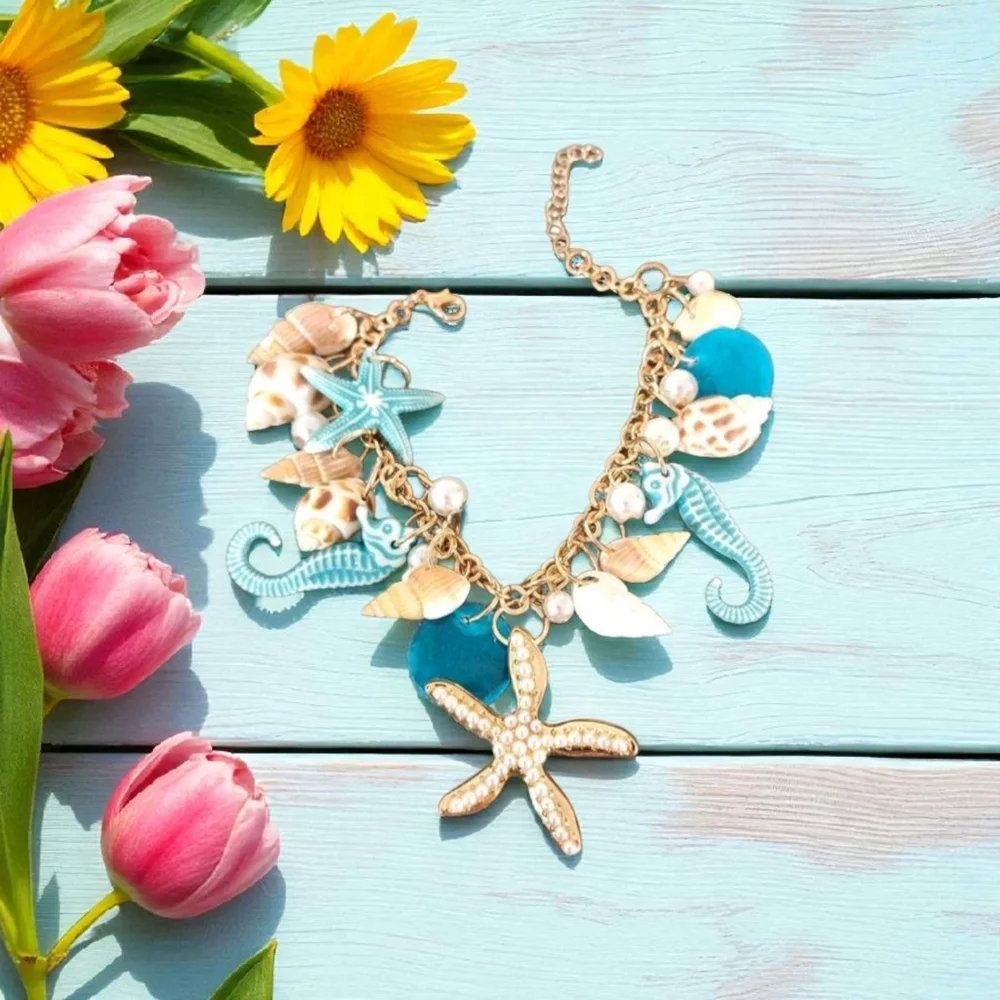 Ocean-Themed Charm Bracelet with Blue‎ and Gold Color Accents
